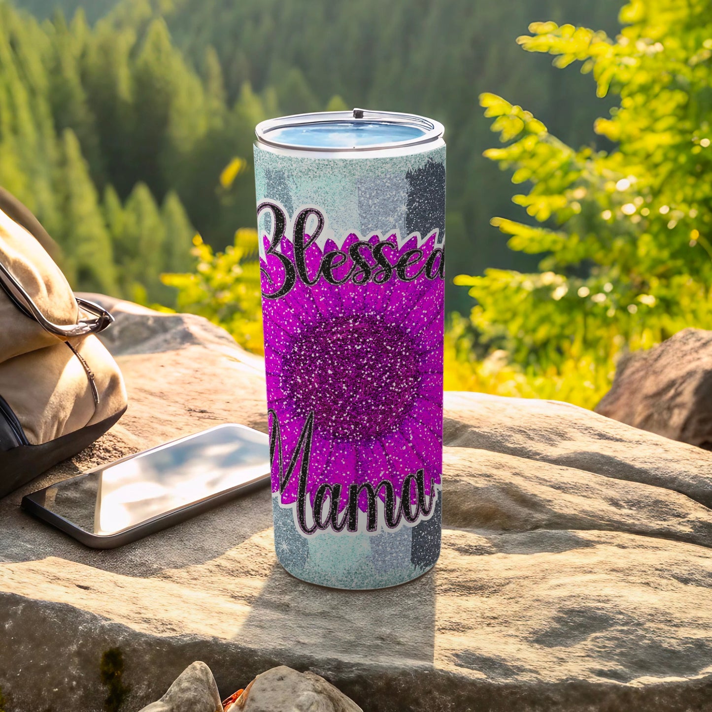 Blessed Mama Glitter Tumbler with Purple Flower Design