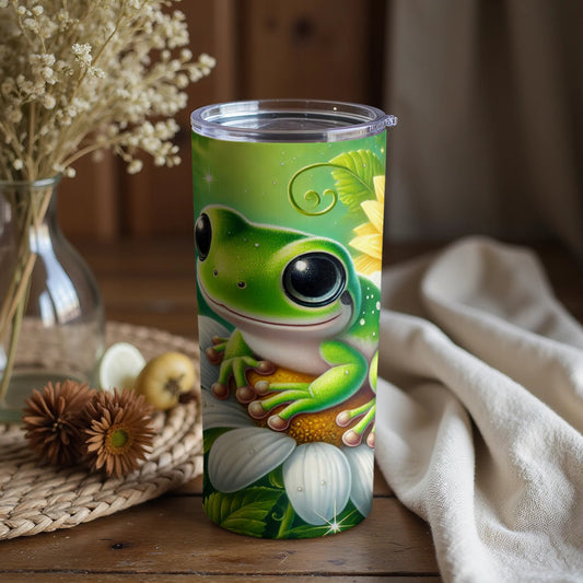 Cute Green Frog Tumbler with Spring Floral Design