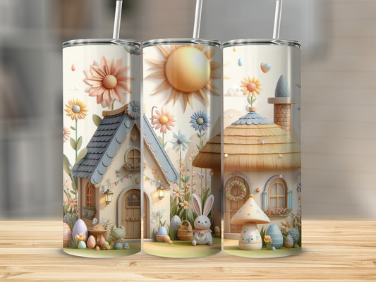 Whimsical Easter village with decorated eggs, bunny, and mushrooms.
