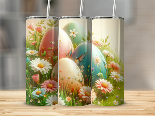 Three Easter eggs with floral and bird designs on a grassy background.