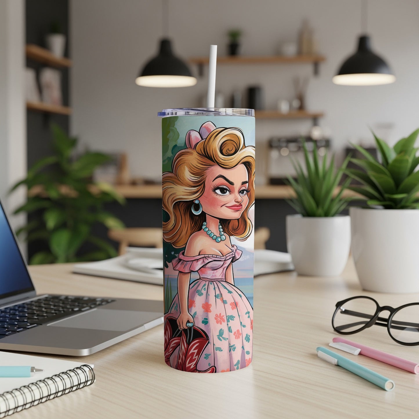 Cartoon woman in pink floral dress holding red fan on tumbler.