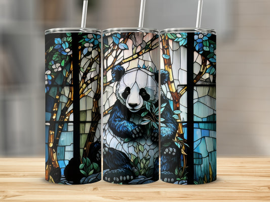 Three tumblers featuring a panda among stained-glass trees.