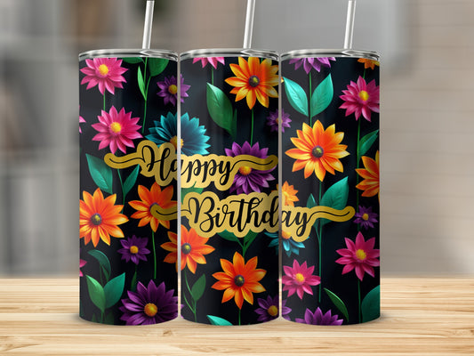 Happy Birthday tumbler with colorful flowers on black background.