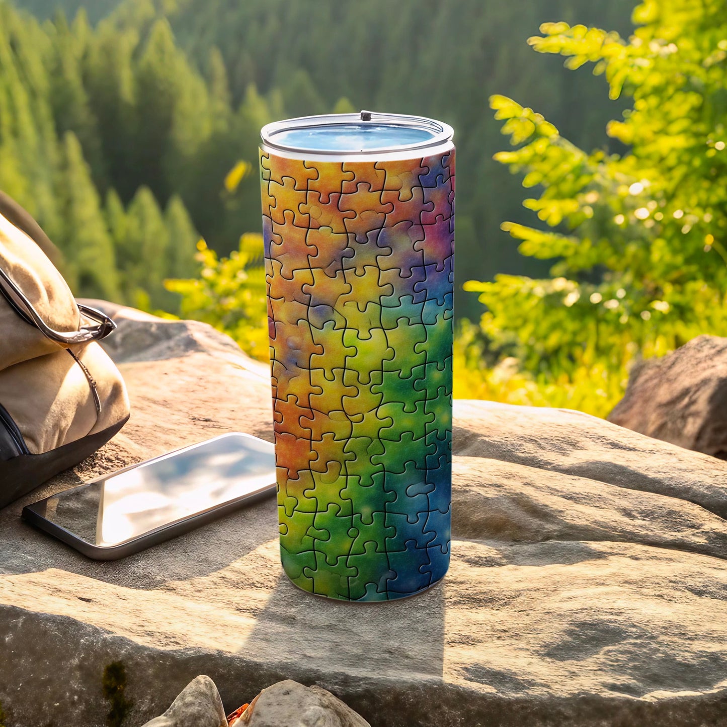 Rainbow puzzle pattern tumbler on a rock with a backpack and phone.