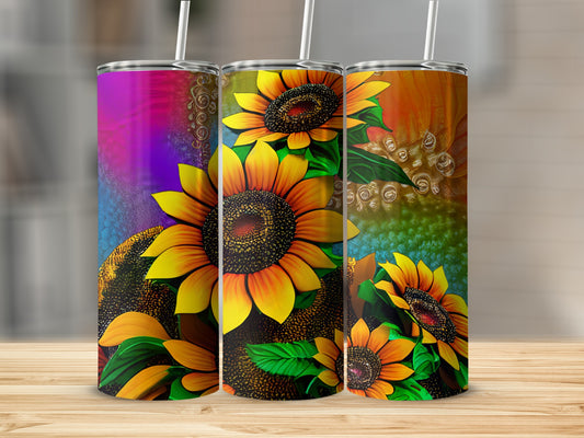 Three tumblers with sunflowers and vibrant abstract backgrounds.