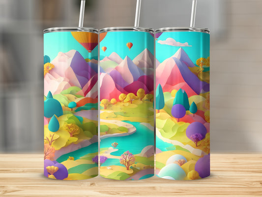 Three tumblers with a vibrant landscape design featuring mountains, hot air balloons, and a river.