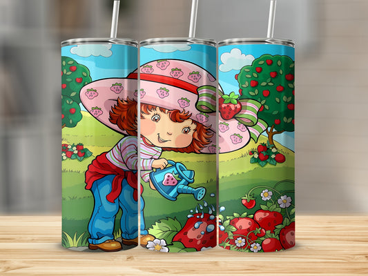 Strawberry Shortcake watering a strawberry plant with a watering can.