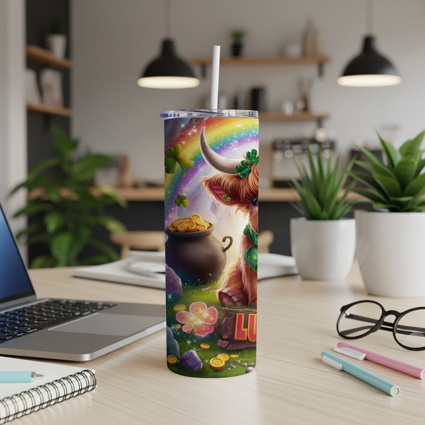 Highland cow with pot of gold and shamrocks on a St. Patrick's Day tumbler.