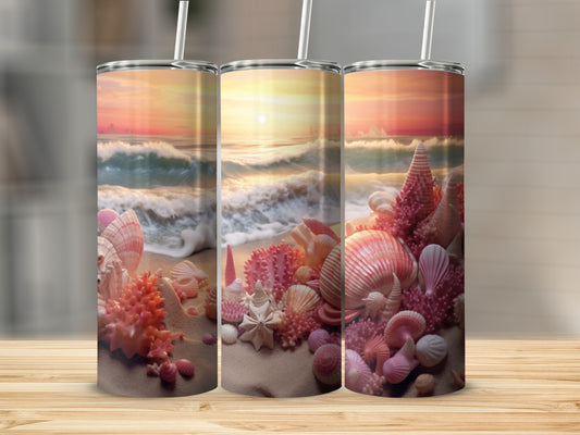 Three tumblers with seashell and ocean sunset designs.