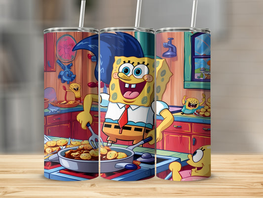 SpongeBob SquarePants cooking food in a kitchen.