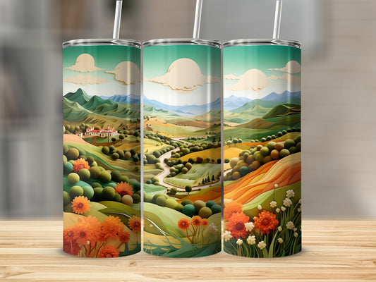 Three tumblers with a scenic landscape design of rolling hills and flowers.