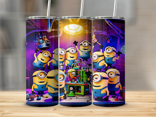 Minions in a laboratory with colorful machinery and tools.