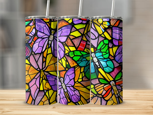 Three stained glass tumblers with colorful butterfly designs.