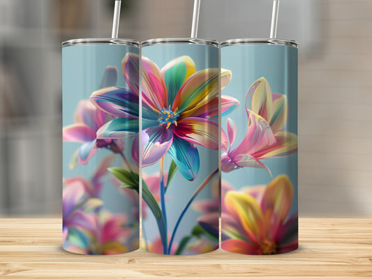 Three iridescent floral tumblers with straws on a wooden surface.