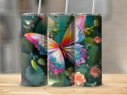 Three tumblers featuring a vibrant, colorful butterfly and floral background design.