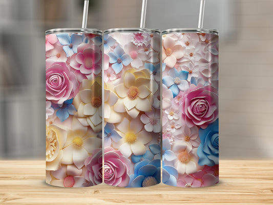 Floral pattern tumbler with roses and hydrangeas.
