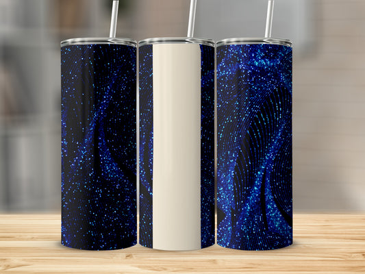 Three tumblers with blue glitter patterns, one blank.