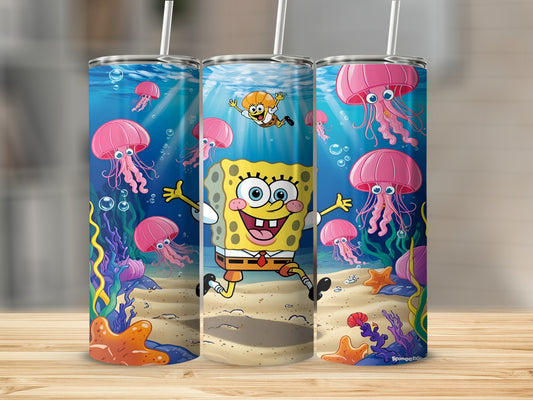 SpongeBob SquarePants jumping with jellyfish in an underwater scene.