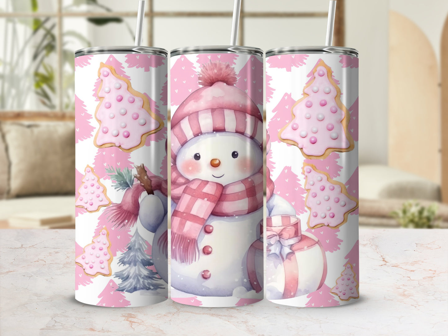 Festive Snowman and Christmas Trees Design Tumbler