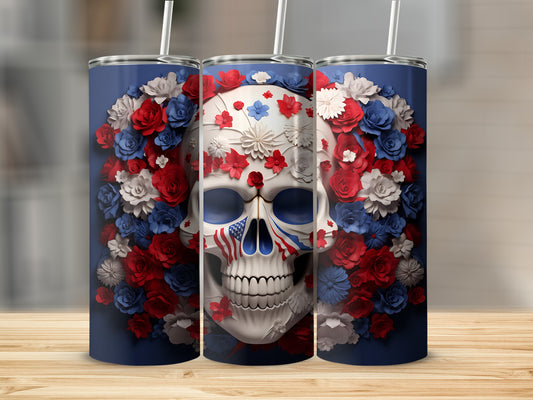 Skull with floral wreath of red, white, and blue flowers, American flag detail.