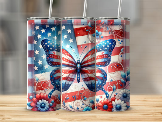 USA flag butterfly and flowers tumbler.