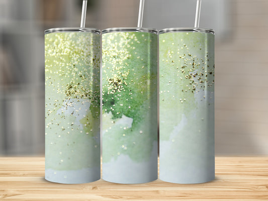 Three tumblers with a green watercolor and gold glitter design.