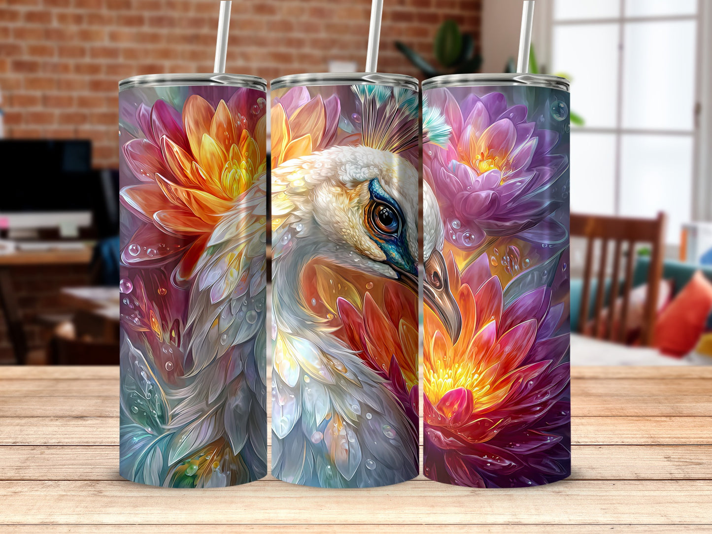 Colorful Floral Peacock Art Thermal Tumbler Product