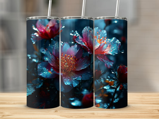 Three tumblers featuring close-up illustration of dew-covered pink and blue flowers.