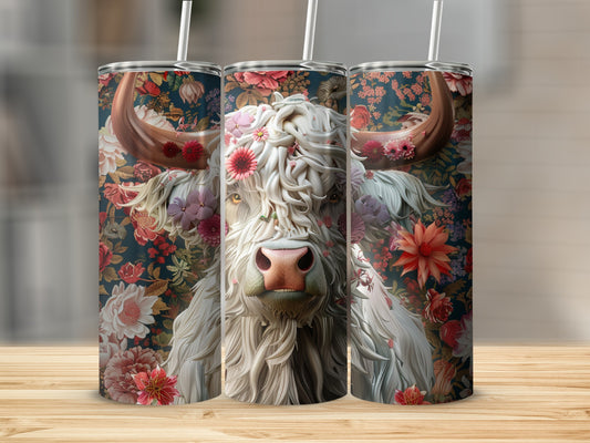 Highland cow with floral wreath, set of three tumblers.