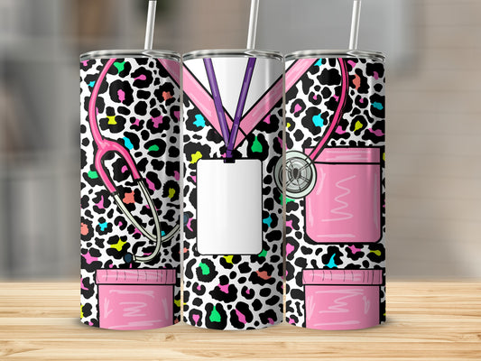 Leopard print tumbler with stethoscope and ID badge design.