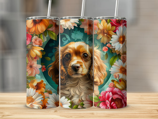 Cavalier King Charles Spaniel surrounded by floral accents on a tumbler.