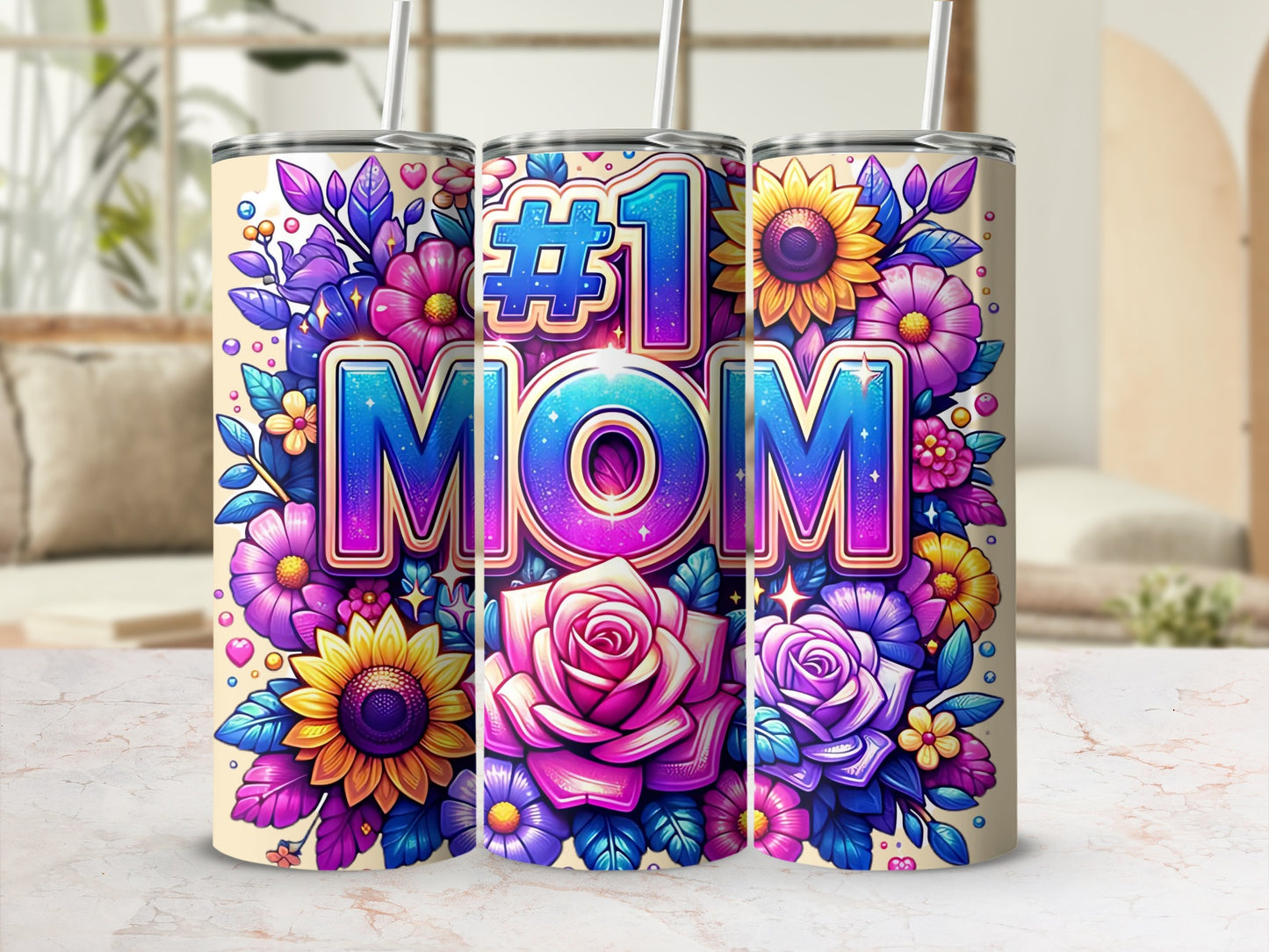 Colorful #1 Mom Floral Design Drinkware Tumbler