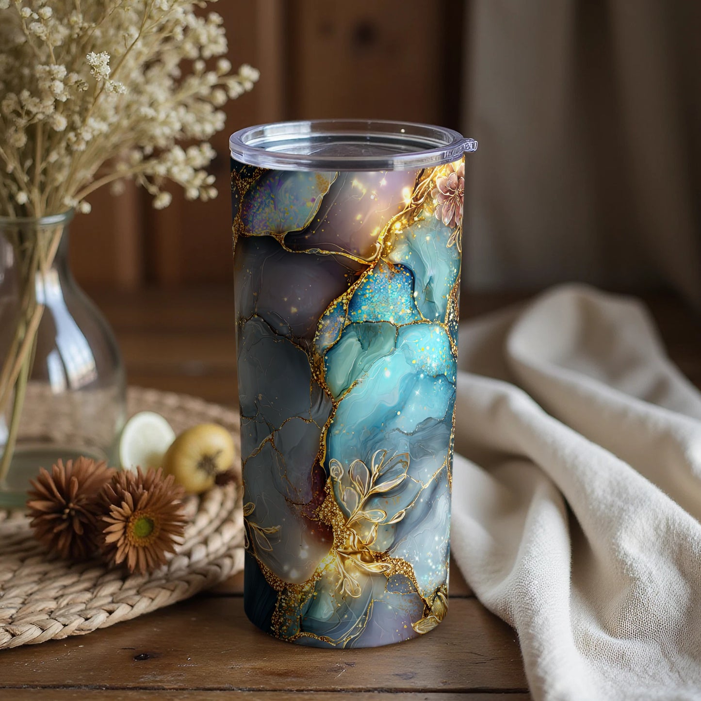 Artistic Blue and Gold Abstract Travel Tumbler