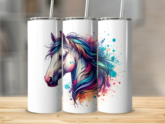 White tumblers feature vibrant watercolor horse head illustration with colorful paint splatters.