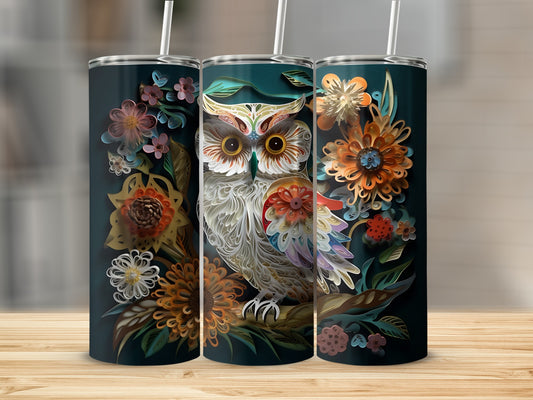 Three tumblers featuring an owl design with colorful floral accents.