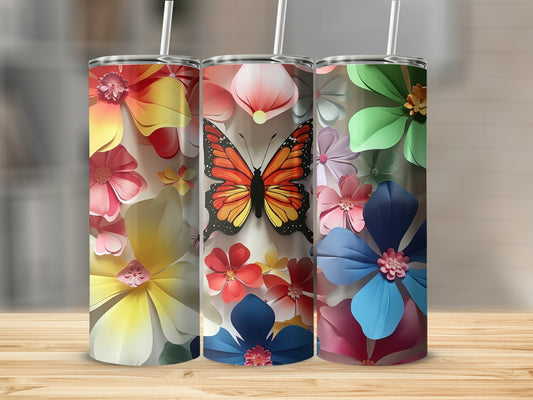 Three tumblers featuring floral patterns and a butterfly.