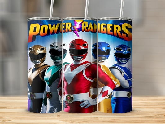 Power Rangers tumbler with five rangers in colorful suits.