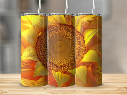 Three tumblers with a close-up, detailed sunflower pattern.