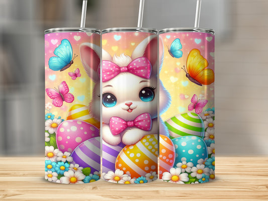 Easter bunny with pink bow surrounded by colorful eggs and butterflies.