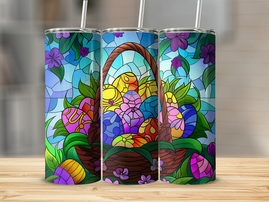 Easter basket with colorful eggs, stained glass design, and floral accents.