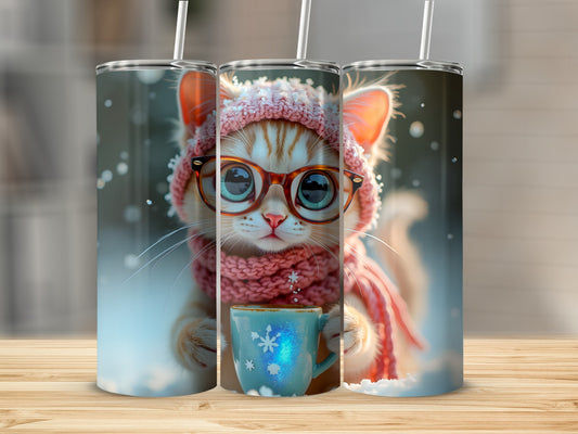 Ginger cat wearing glasses and a knit hat holding a blue mug.