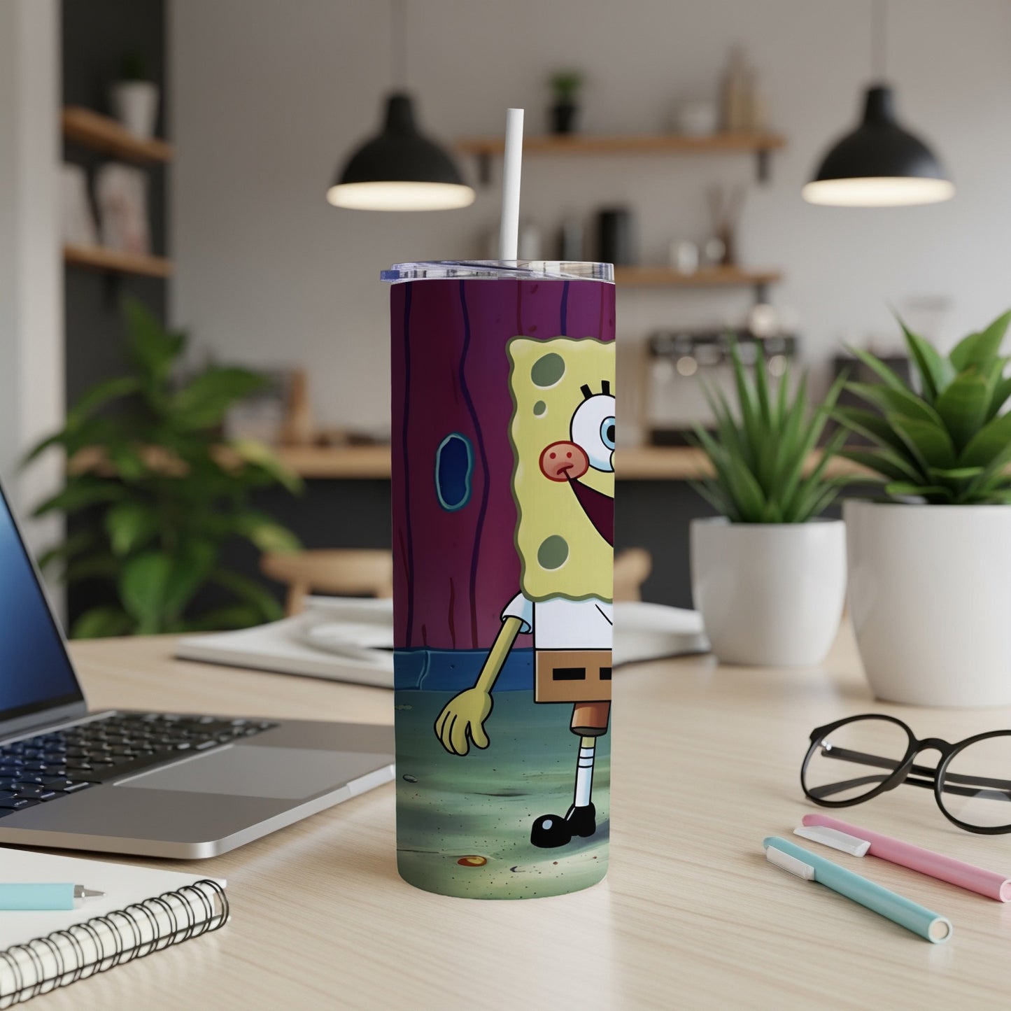 SpongeBob SquarePants themed tumbler with straw.