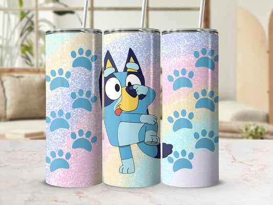 Cute Blue Cartoon Character and Paw Prints Tumbler
