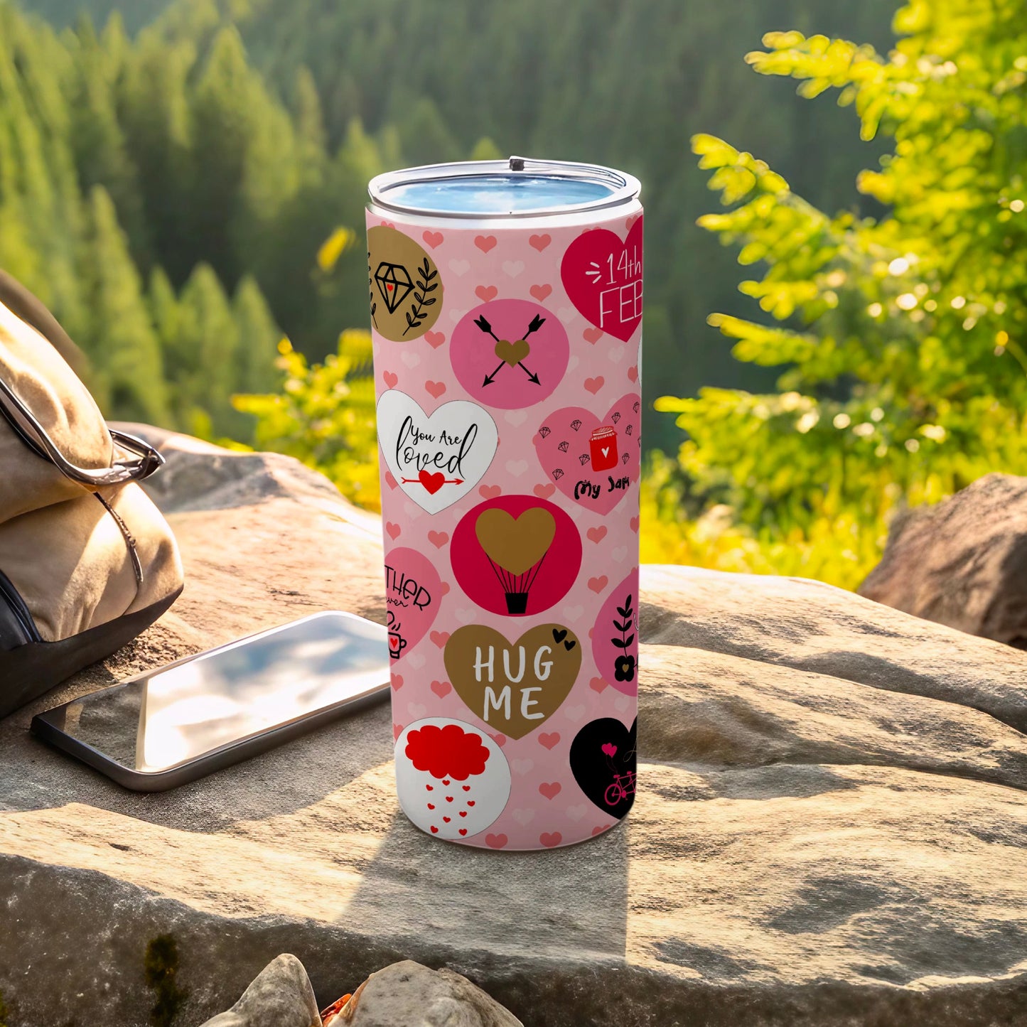 You Are Loved Hug Me Hearts Design Pink Tumbler product type