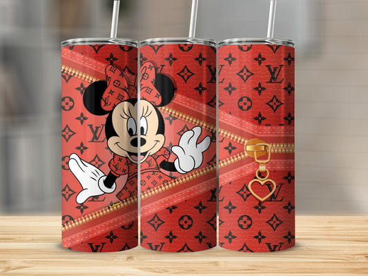 Minnie Mouse in designer print on red tumbler with gold zipper detail.