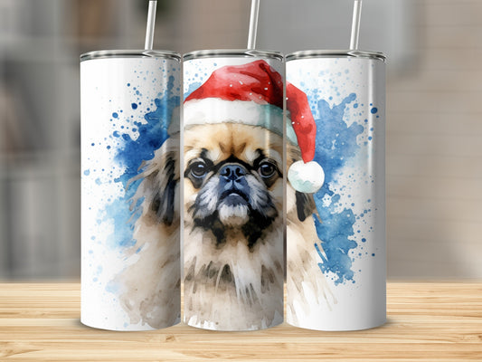 Pekingese dog wearing a Santa hat in a watercolor style.