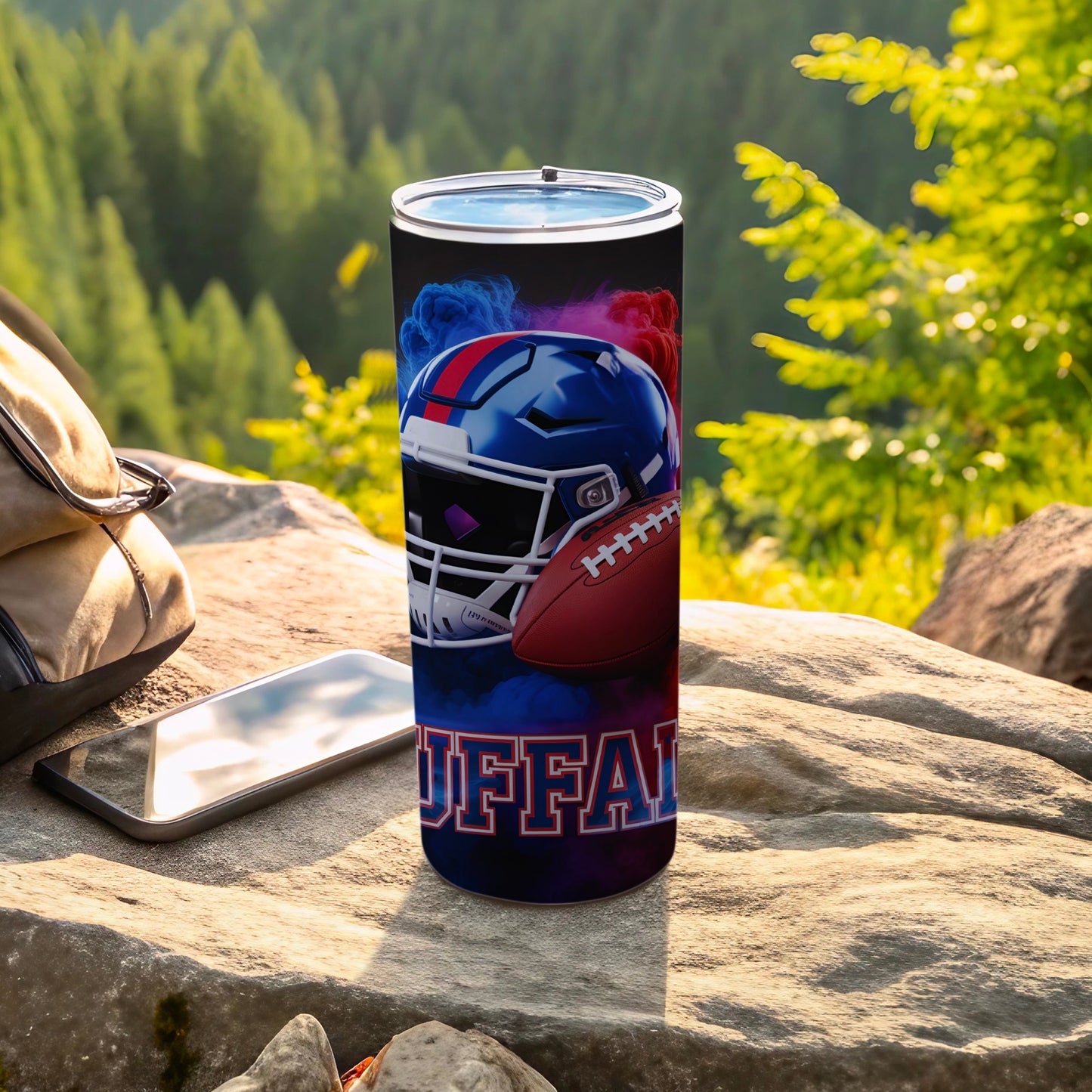 Buffalo Bills football helmet and ball on a tumbler.