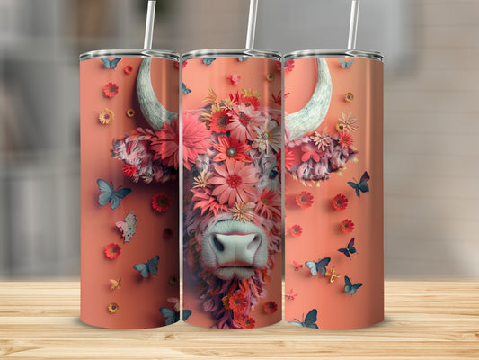 Floral cow portrait with butterflies on a coral background.