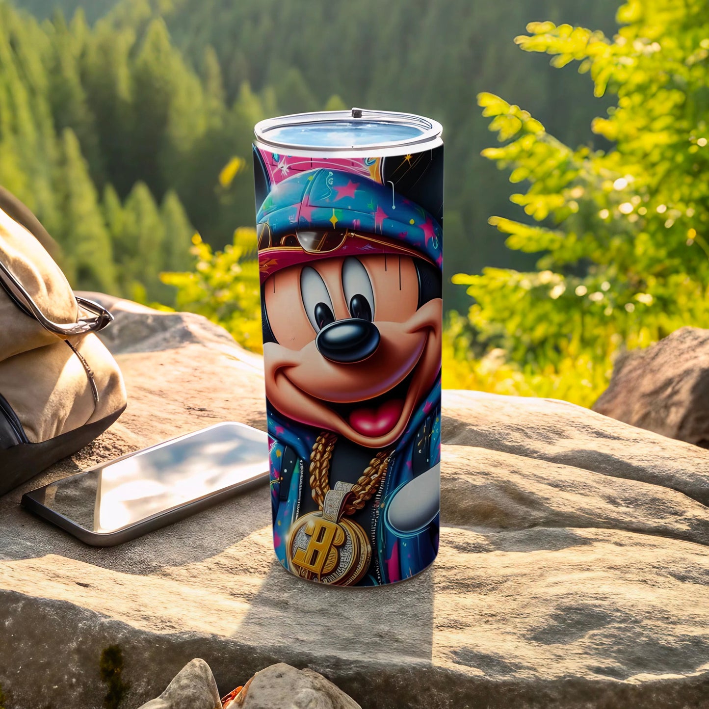 Vibrant Mickey Mouse Tumbler with Cool Outfit and Cap