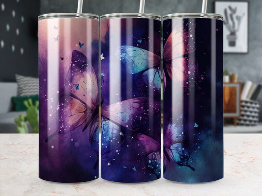 Three tumblers featuring colorful butterflies against a dark, starry background.